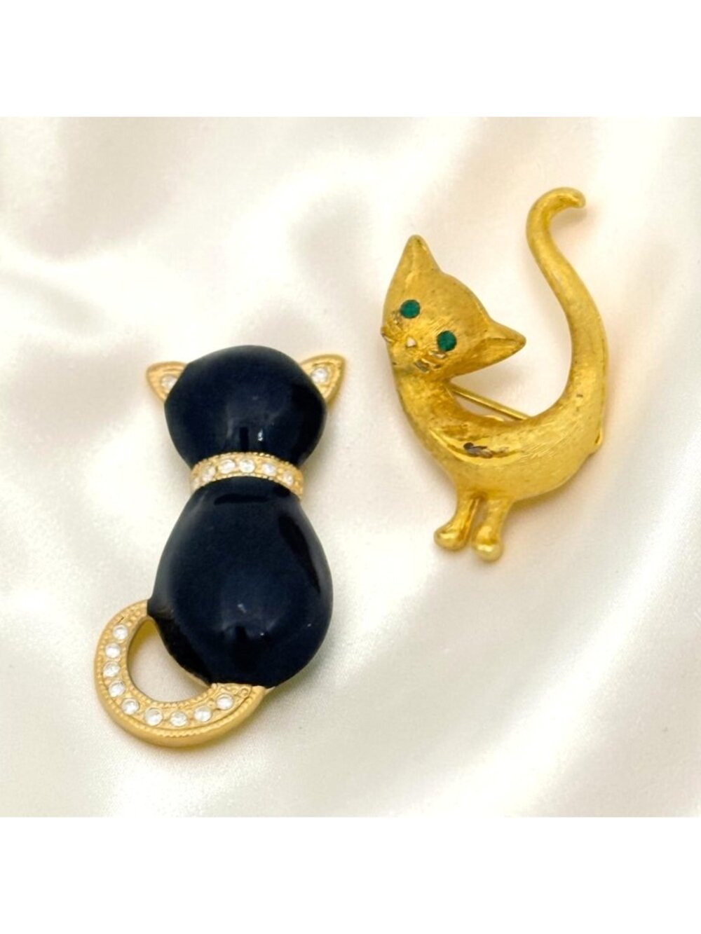 Two Vintage Cat Brooches One Signed Roman and one Small MCM Gold Tone Cat Pin